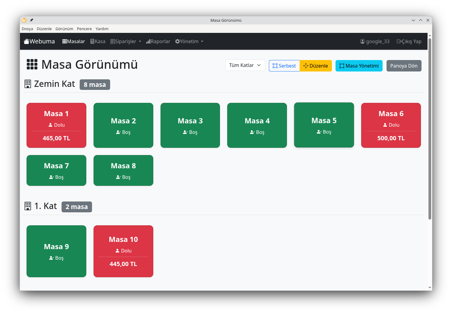 Weblay Pos Masa Görünümü